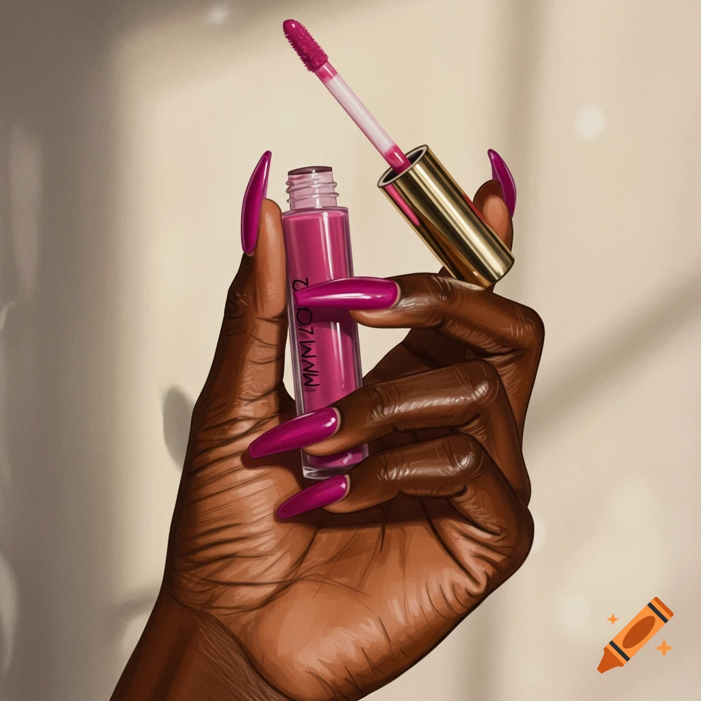 A black woman's hand with long fuchsia almond nails holds an open tube of pink lip gloss with the wand extended, against a light background.