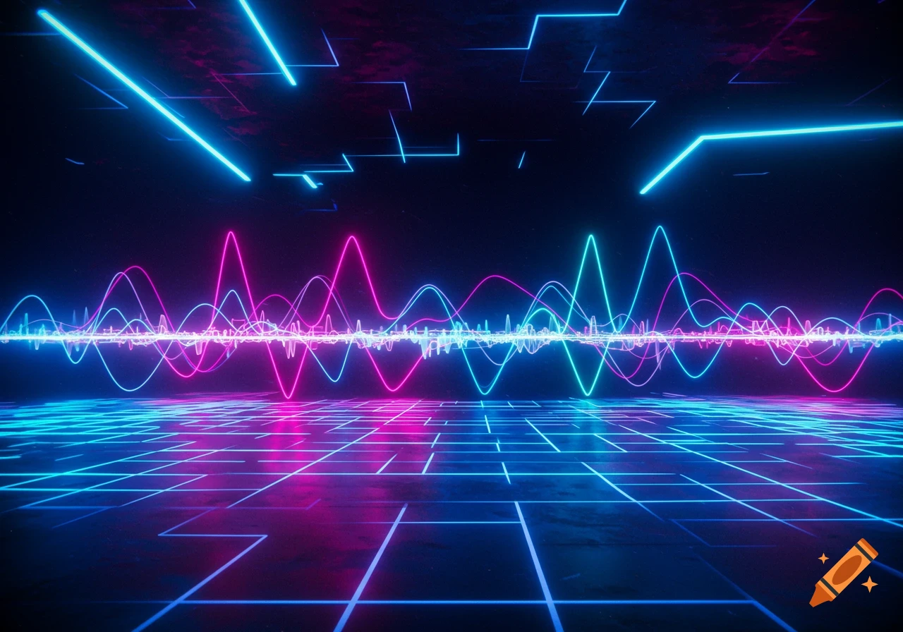 Vibrant pink and blue neon sound waves above a glowing grid floor in a dark, futuristic space.