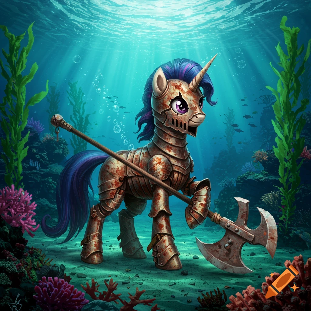 A My Little Pony-style unicorn in rusted armor holding a halberd at the bottom of the ocean.