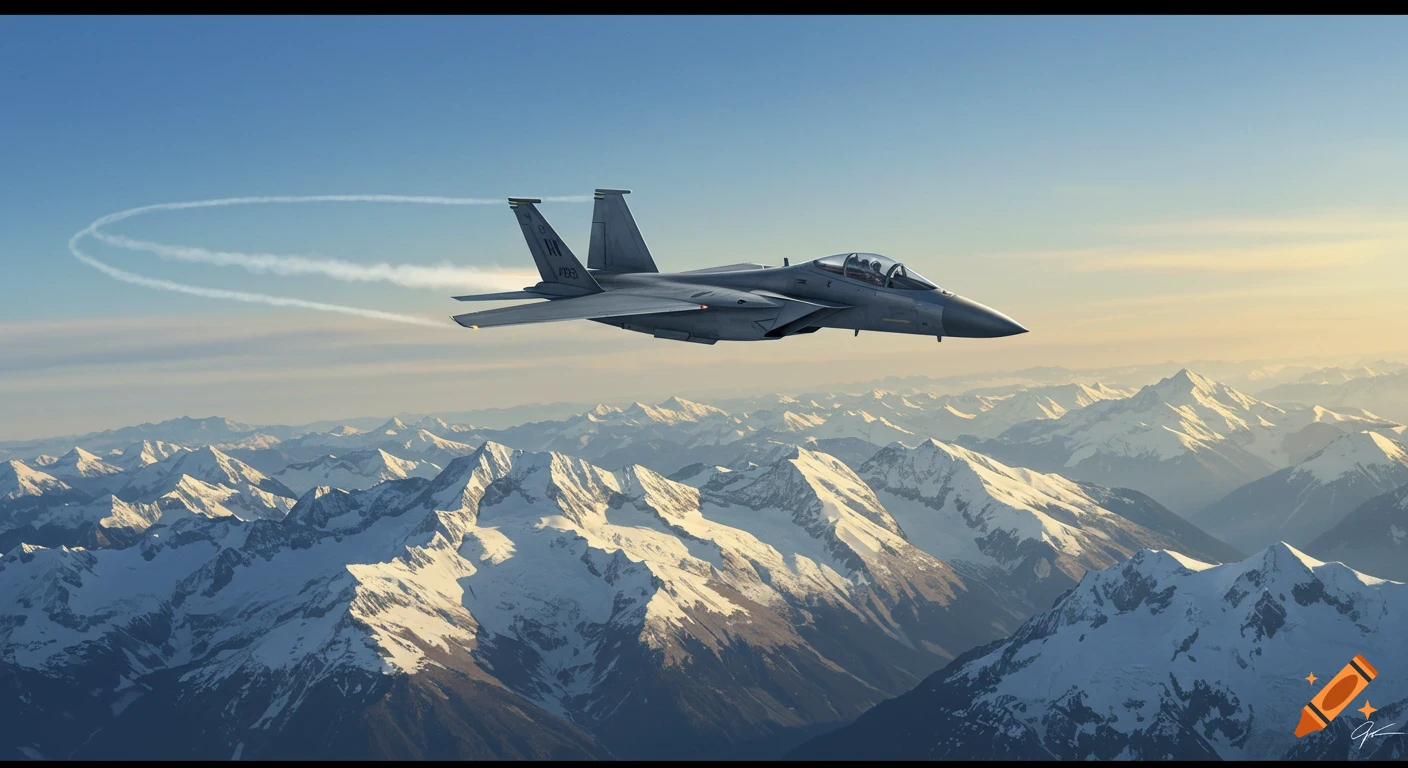 A grey military jet flies over snow-covered mountains under a clear sky with an orange glow near the horizon.