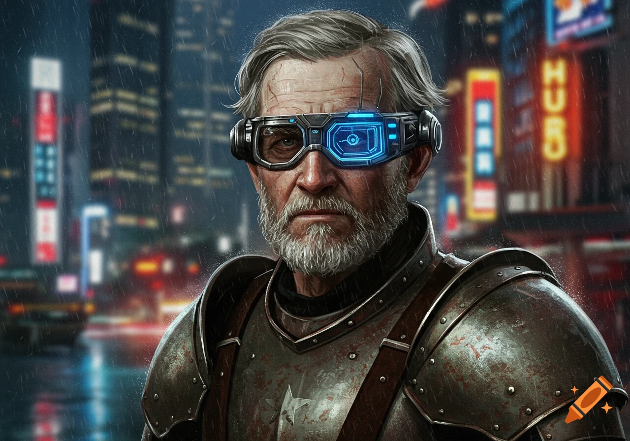 A grizzled man with a beard and gray hair wears glowing futuristic glasses and rusty armor in a rainy cyberpunk city at night.