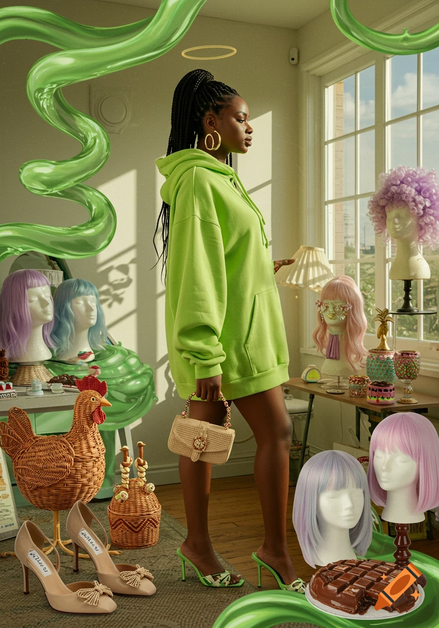 A woman in a bright green hoodie and heels holds a purse, standing among mannequins with colorful wigs, a wicker chicken, and green liquid art.