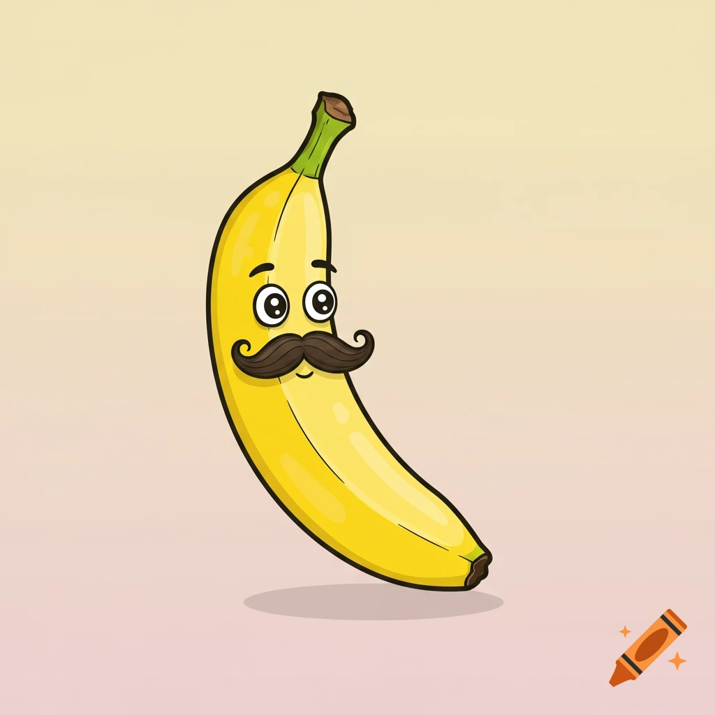 A cartoon banana character with big eyes and a brown handlebar mustache smiles.