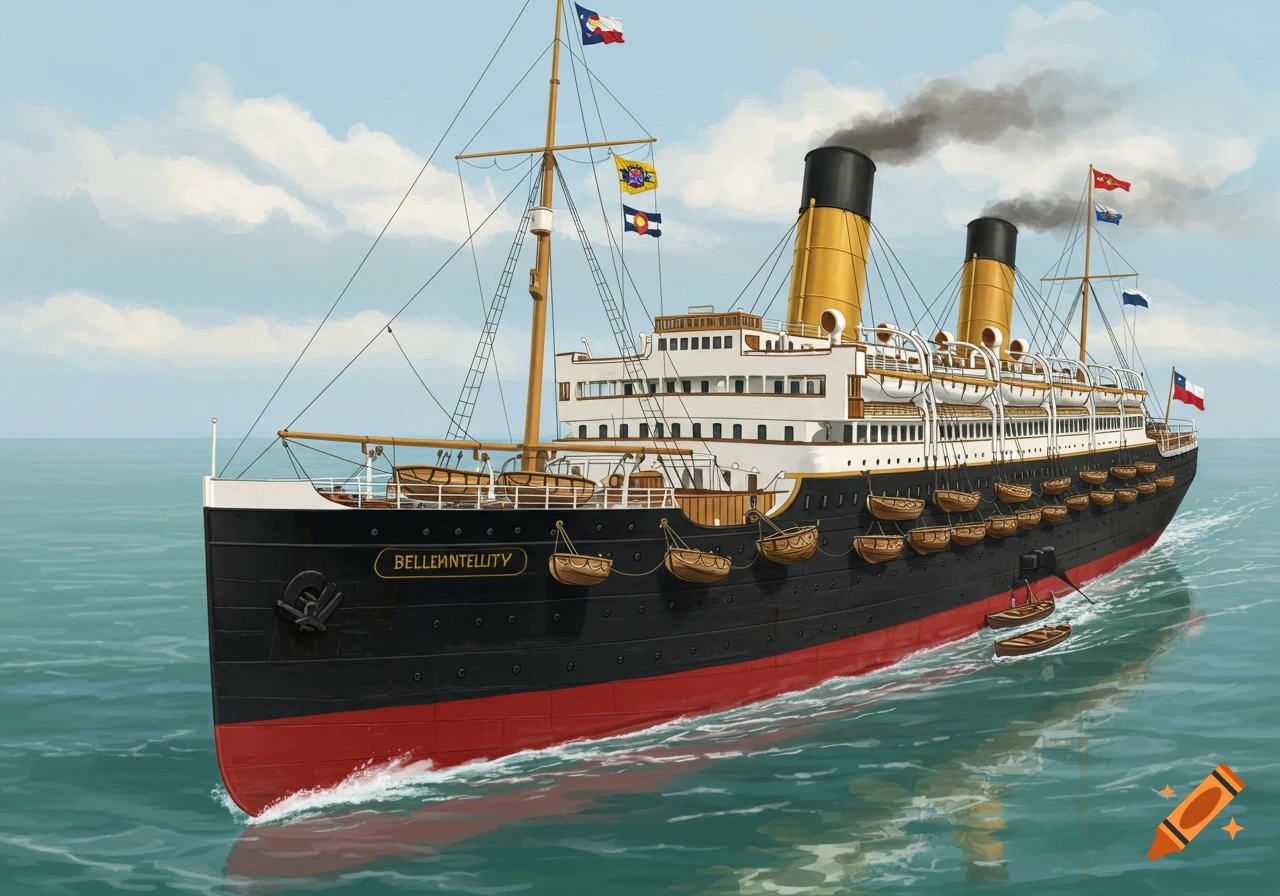 An illustration of the 1901 ocean liner Bellemæntellity with a black and red hull, white superstructure, and two gold funnels, sailing on a calm blue-green sea under a cloudy sky.