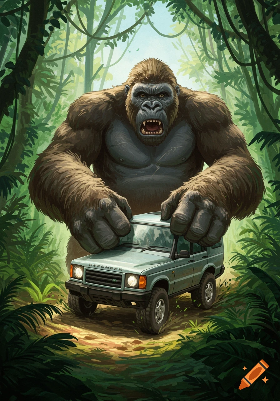 An illustrated giant gorilla stands in a lush jungle, holding a green Land Rover Defender.