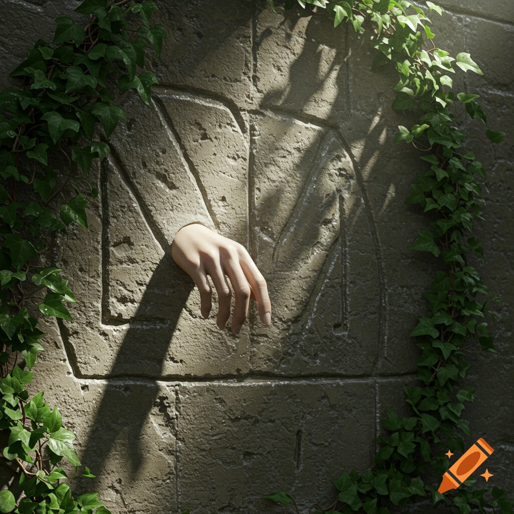 A realistic hand protrudes from a sunlit, ivy-covered stone wall with abstract carvings.