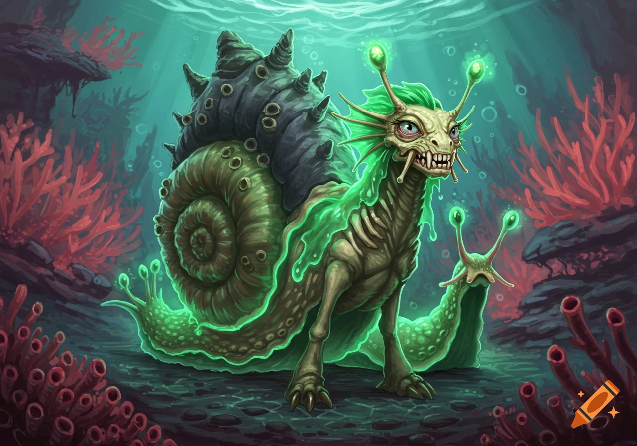 An illustrated fantasy creature, a green skeletal snail-dragon hybrid with glowing elements, stands on the ocean floor surrounded by red coral.