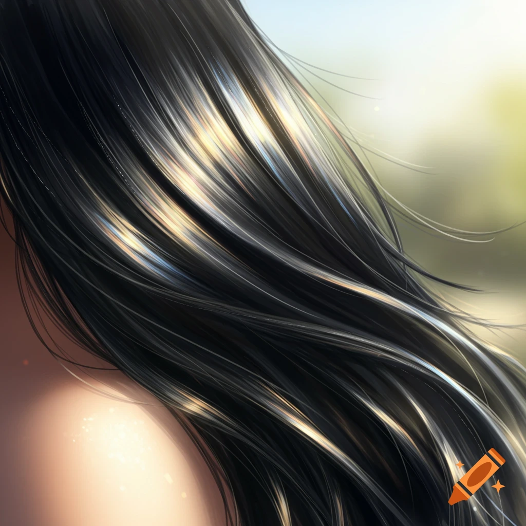 Close-up of long, dark wavy hair with bright, colorful highlights against a blurred background.