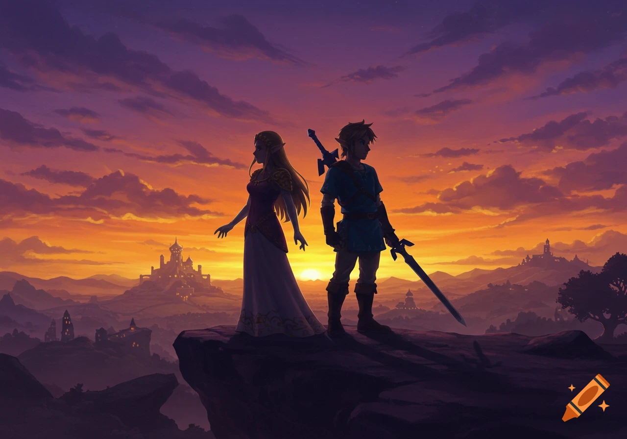 Princess Zelda and Link stand as silhouettes on a cliff overlooking a fantasy kingdom at sunset, vibrant orange and purple sky.
