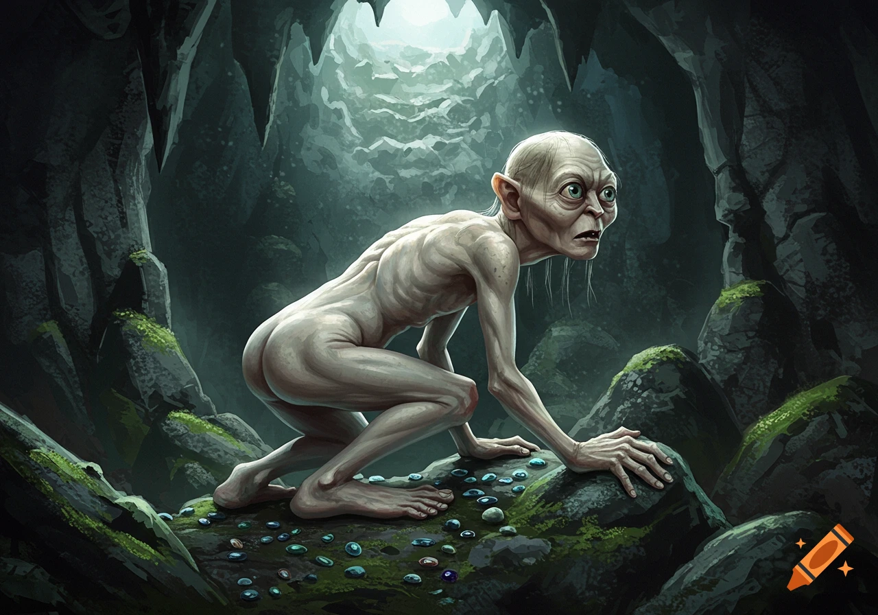 A pale, emaciated Gollum crouches naked in a dark cave, surrounded by colorful gems, rendered in an illustrative style.