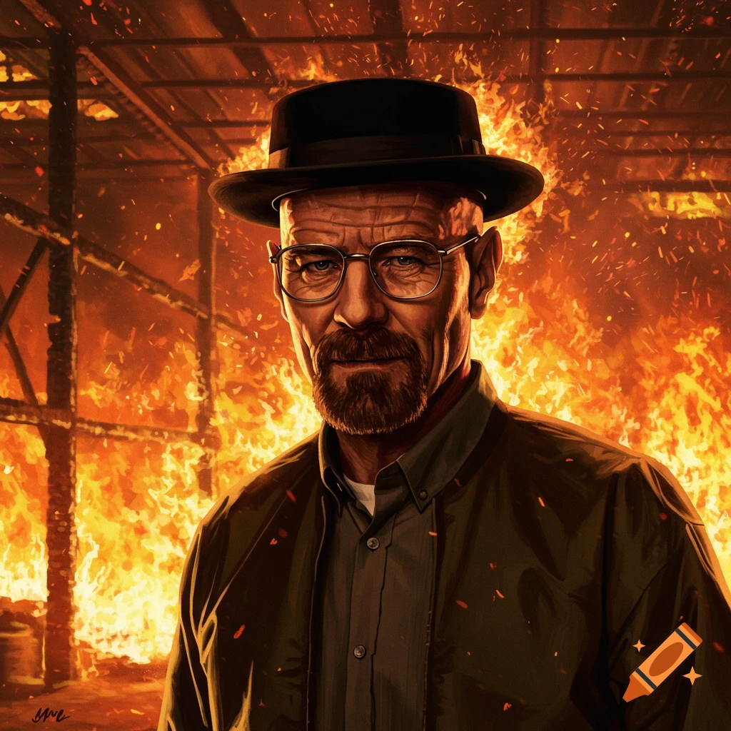 A man resembling Walter White wearing a hat and glasses, with a goatee, stands stoically in a burning warehouse with large flames and embers surrounding him.
