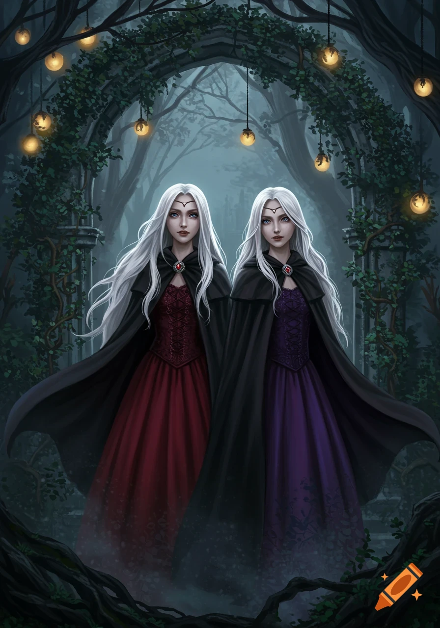 Two women with long white hair and dark capes stand in a gothic archway decorated with vines and glowing lanterns.