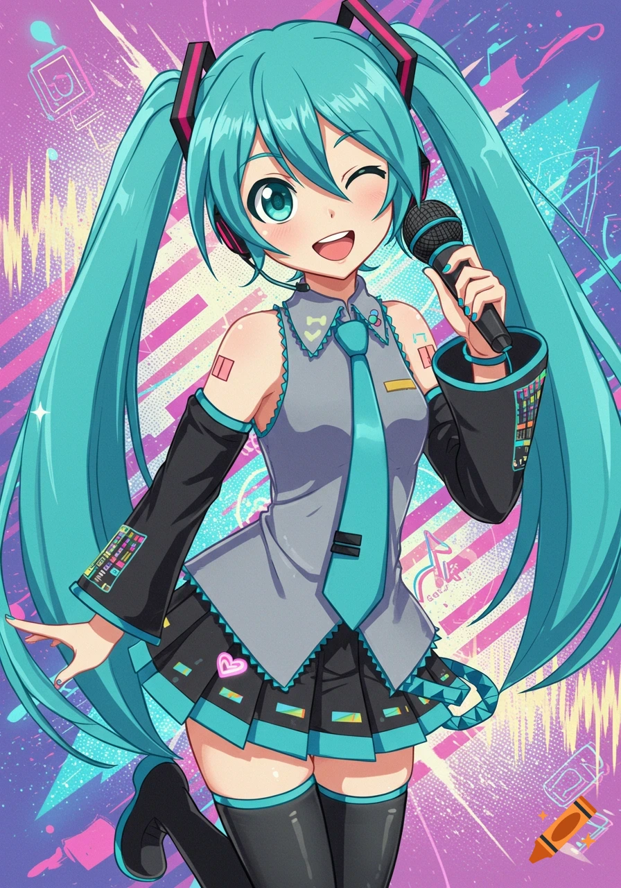 Hatsune Miku, an anime character with long turquoise pigtails, winks and smiles while holding a microphone against a vibrant, abstract background.