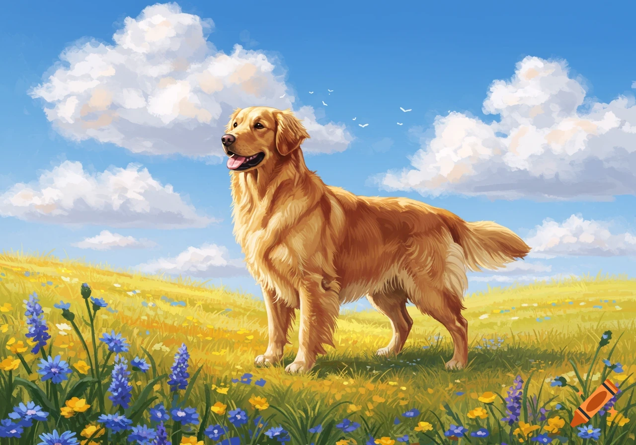 A golden retriever dog stands in a sunny field of blue and yellow wildflowers under a bright blue sky with white clouds.