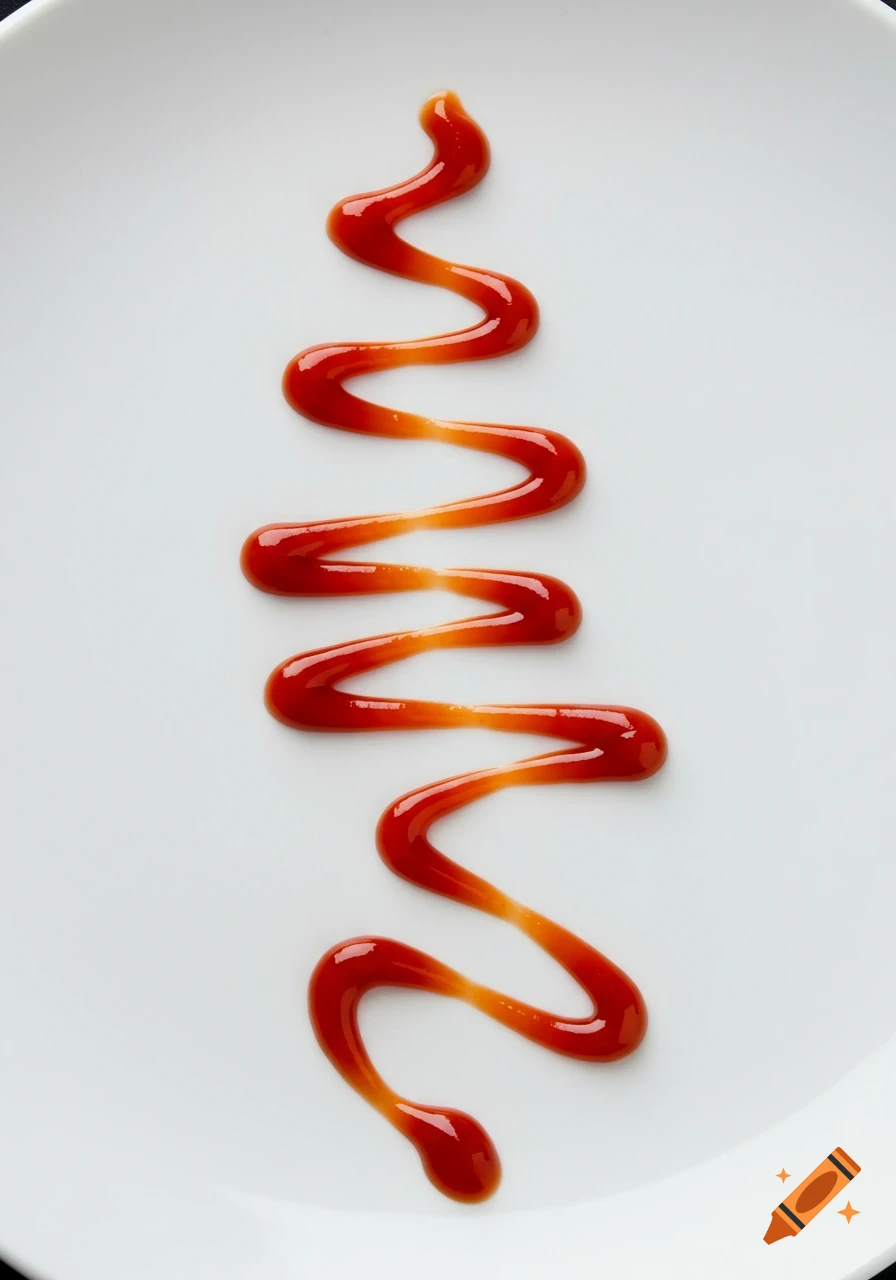 A zig-zag streak of red ketchup on a white plate, viewed from above in high definition.