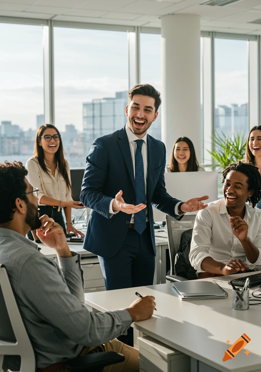Diverse business people laughing and talking in a modern, sunlit office.