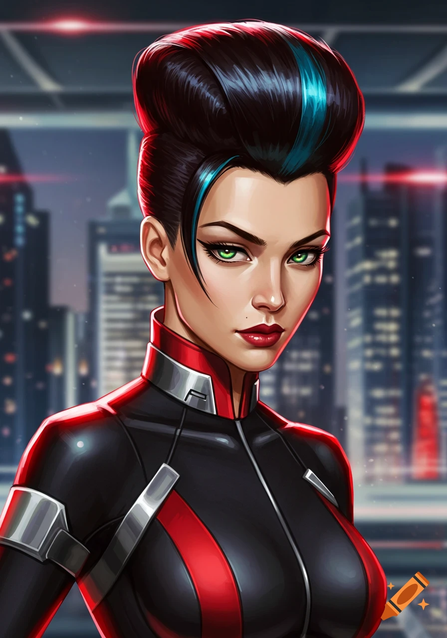 A confident woman with black hair and a blue streak, green eyes, and red lips, wearing a black and red futuristic suit against a city night background in digital art style.