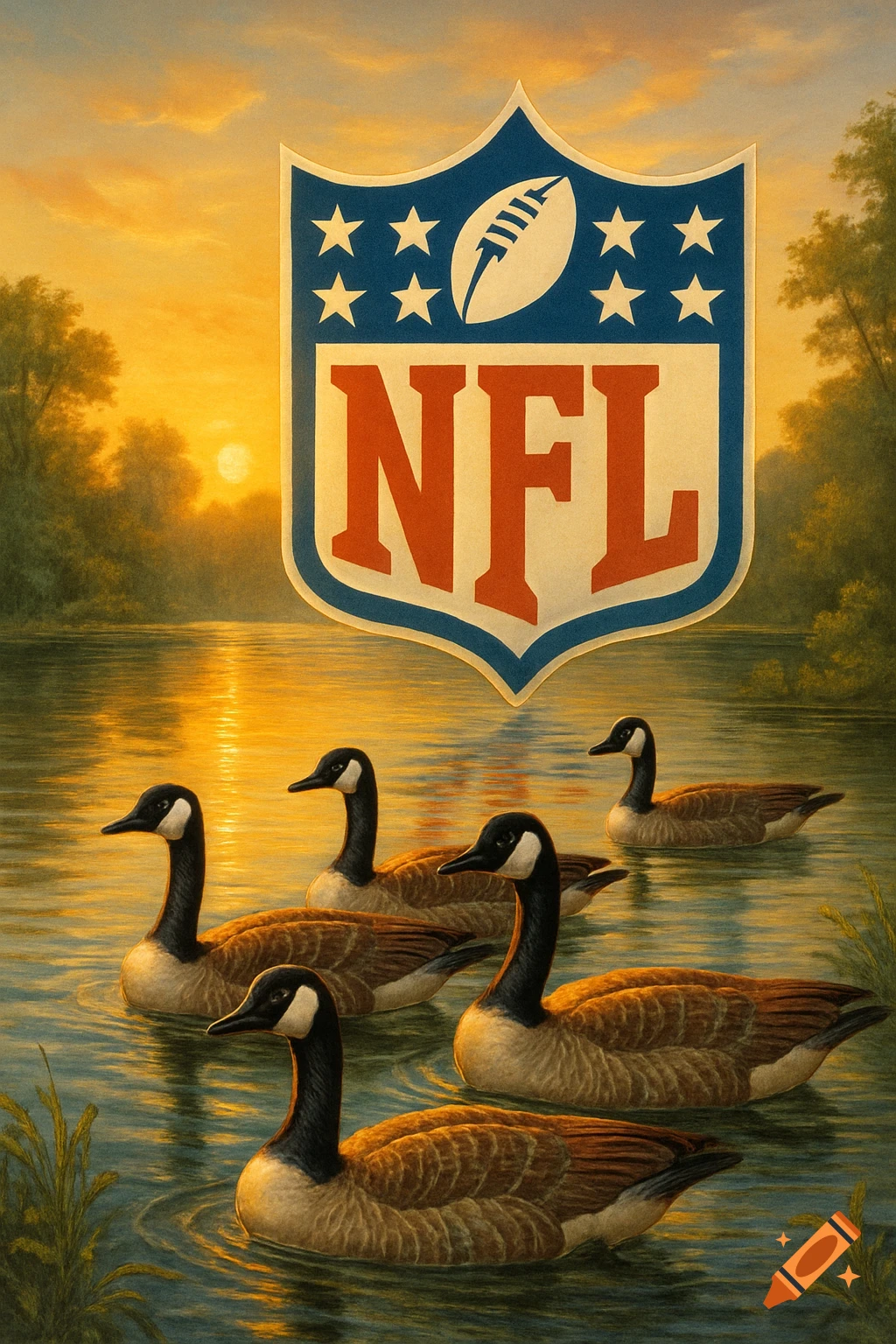 Painting of Canadian geese swimming at sunset with a large NFL logo floating above the water.