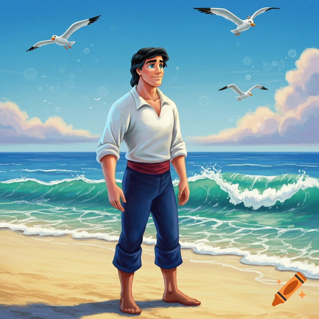 A cartoon man resembling Prince Eric from The Little Mermaid stands on a beach with seagulls flying overhead.