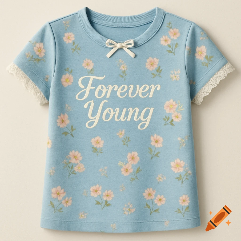 A light blue t-shirt with pink floral print, white lace trim on the sleeves, a small white bow below the collar, and the text "Forever Young" printed on the front.
