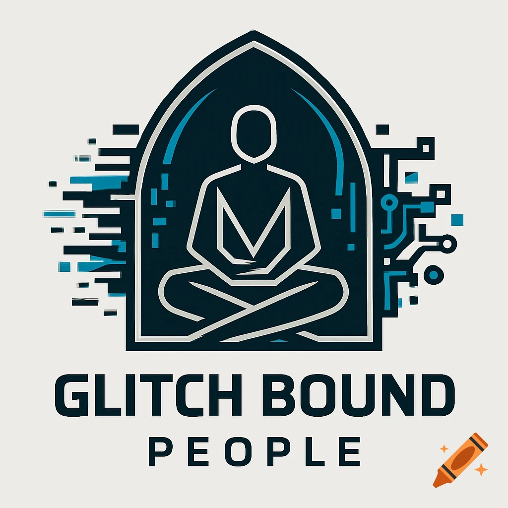 A stylized logo with a meditating figure inside an arch, surrounded by blue and black digital glitch elements and text.