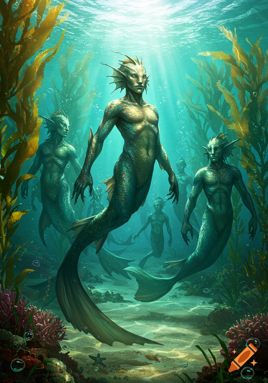 Group of green-skinned mermen with fins and scales swimming in a vibrant underwater kelp forest, illuminated by rays of light.
