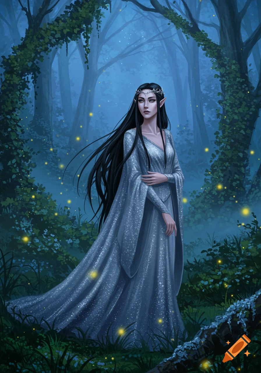 A dark-haired female elf in a shimmering silver gown stands in a mystical, blue-hued forest with glowing fireflies.