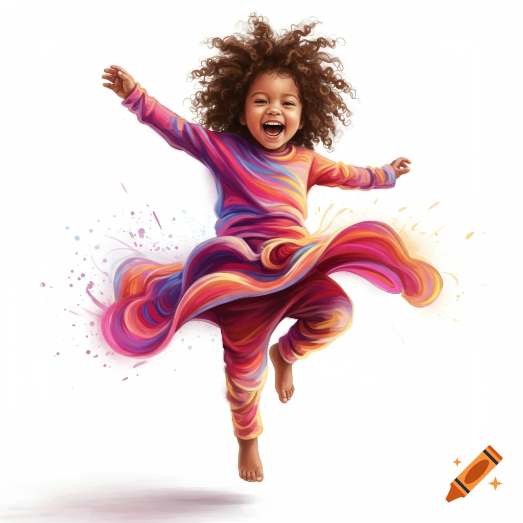 A joyful child with curly hair dances in a vibrant, flowing rainbow-colored outfit, against a white background with color splashes.