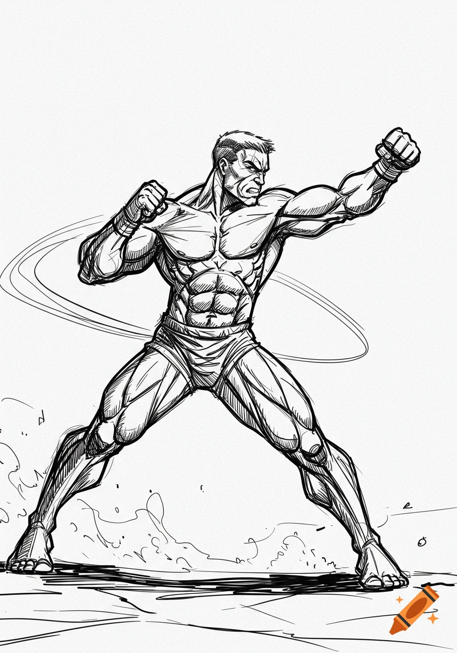 Muscular man in a fighting stance with clenched fists, depicted in a black and white comic book style sketch.