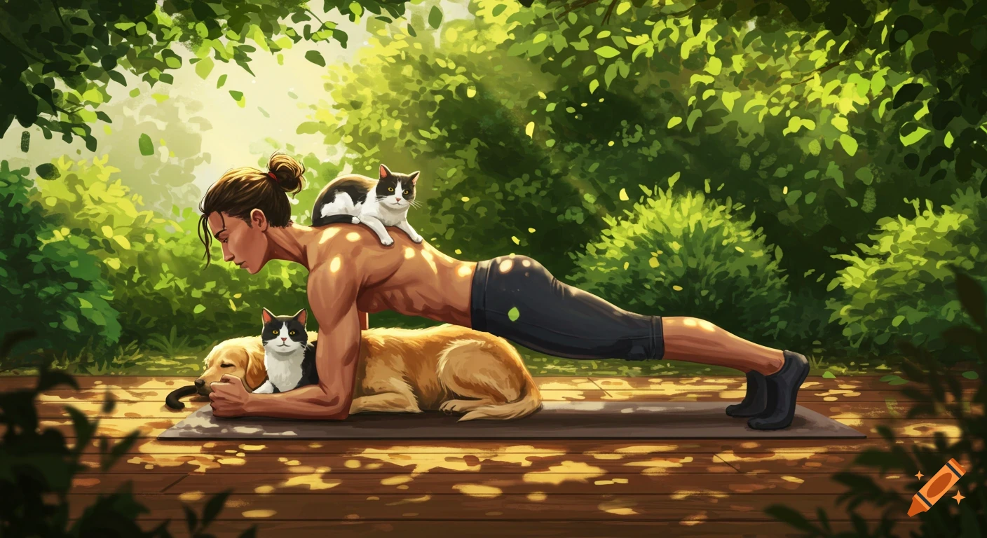 Stylized illustration of a person in a plank pose on a wooden deck outdoors, with a cat on their back and a dog and cat by their side.
