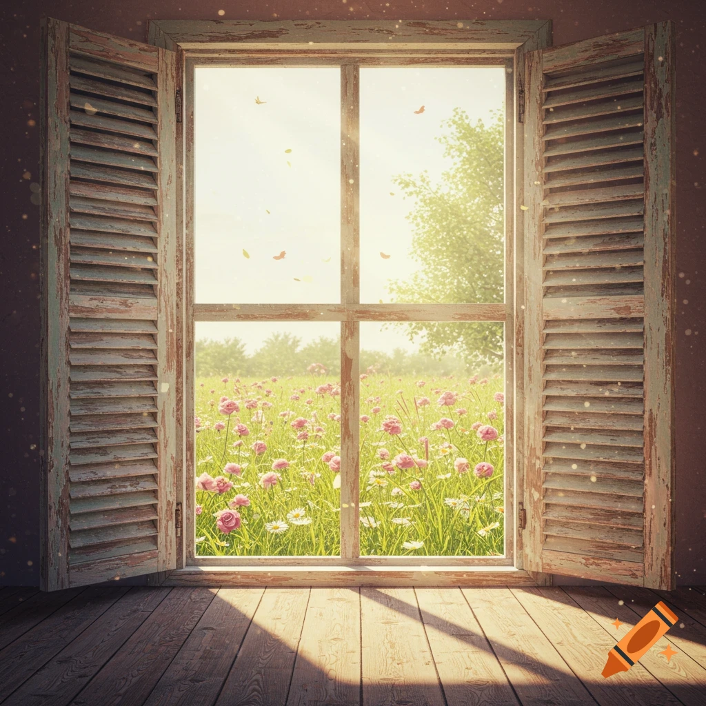 A sunlit view from an open window with weathered wooden shutters looking out onto a vibrant field of pink and white flowers.