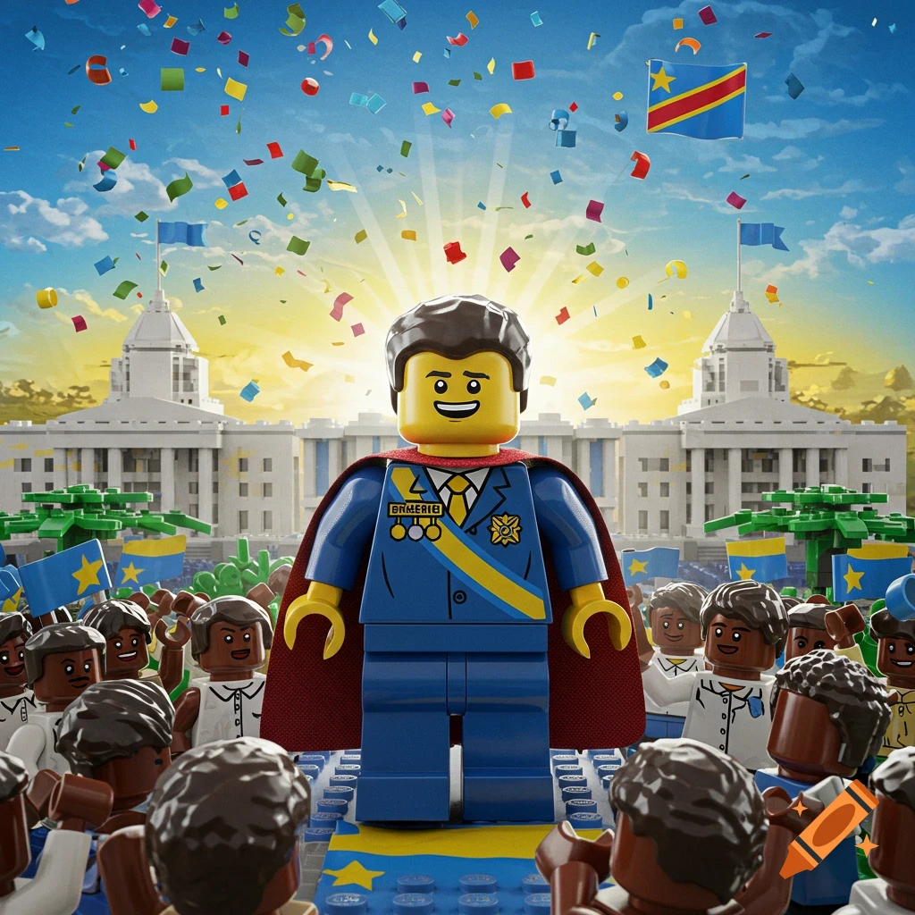 A Lego figure in a suit and cape stands as president of the DRC, with confetti, flags, and a cheering crowd.
