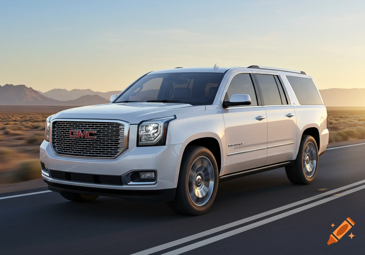 A white GMC Yukon Denali SUV drives on a road through a desert landscape with mountains under a clear sky.