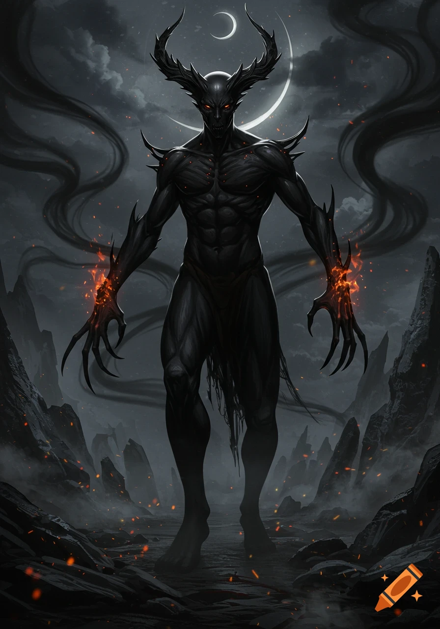 A dark demonic horned creature with glowing red eyes and sharp clawed hands stands in a desolate, rocky landscape under a crescent moon.