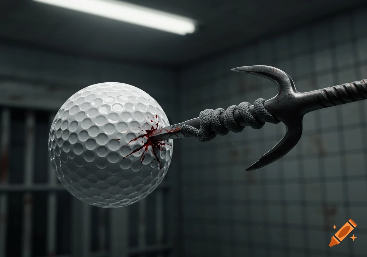 A white golf ball is pierced by a metal shank with rope wrapping, showing red splatters, in a blurry, dark prison cell background.