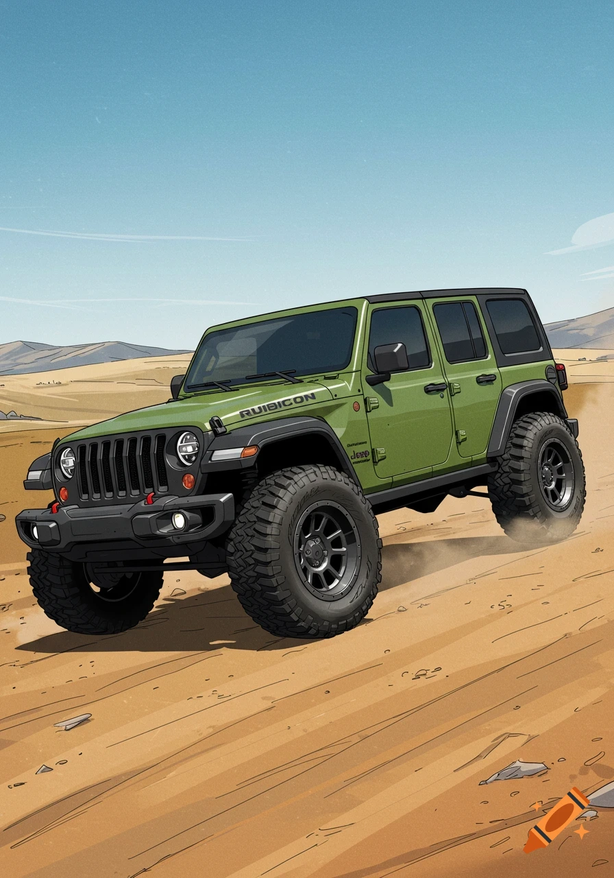 A green Jeep Wrangler Rubicon with black fenders and top driving on a dirt road in a desert landscape in an illustrated style.