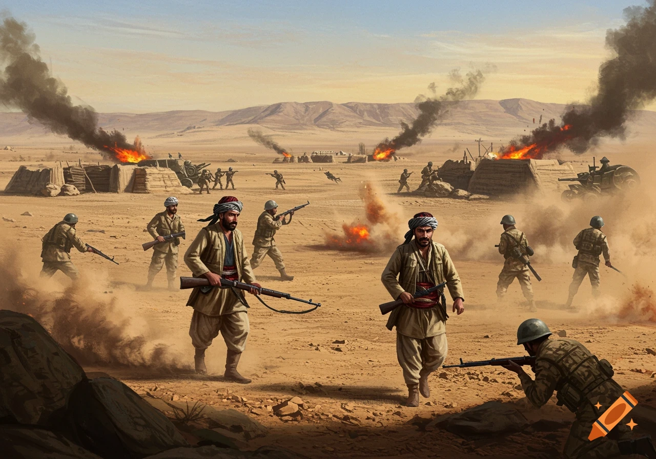 A digital painting of a desert battlefield with soldiers, explosions, and smoke during a battle.