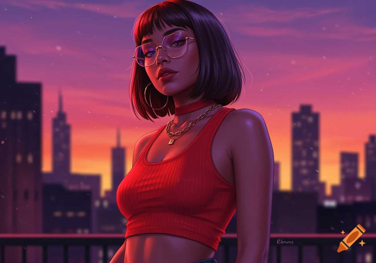 A stylized digital art portrait of a woman with short dark hair, glasses, and a red tank top, standing on a rooftop at sunset.