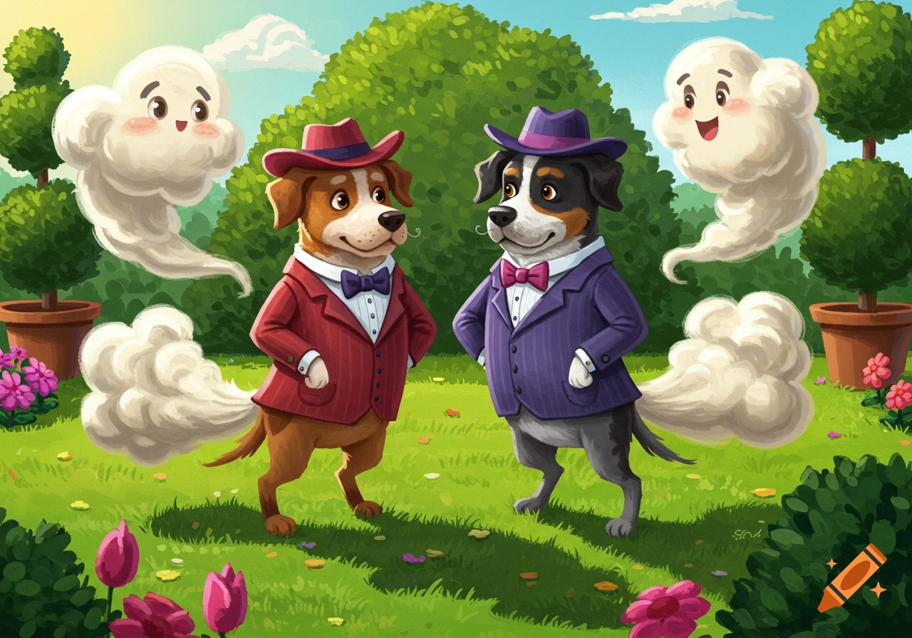 Colorful cartoon illustration of two dogs in suits, one red and one purple, standing in a garden with smiling cloud figures and stylized white clouds emanating from them.