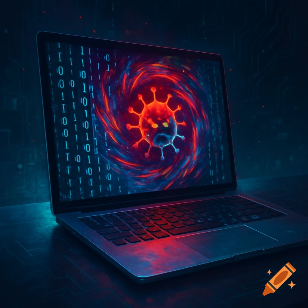 A laptop displaying a red and blue virus symbol and binary code on its screen, in a dark, tech-themed setting.