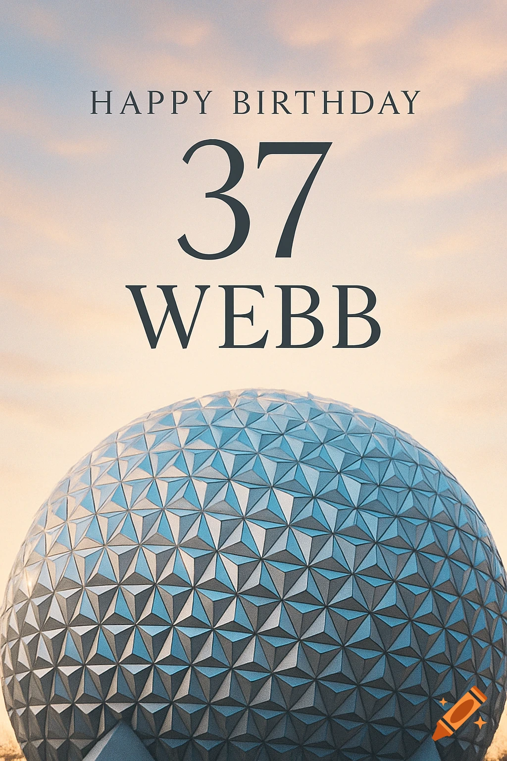 A geodesic dome beneath a sunset sky, with 'HAPPY BIRTHDAY 37 WEBB' written above it.