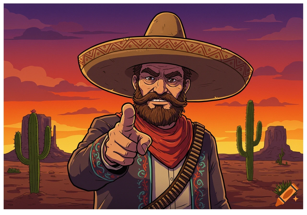 A bearded man in a sombrero points forward in a cartoon desert landscape with cacti under an orange sky.