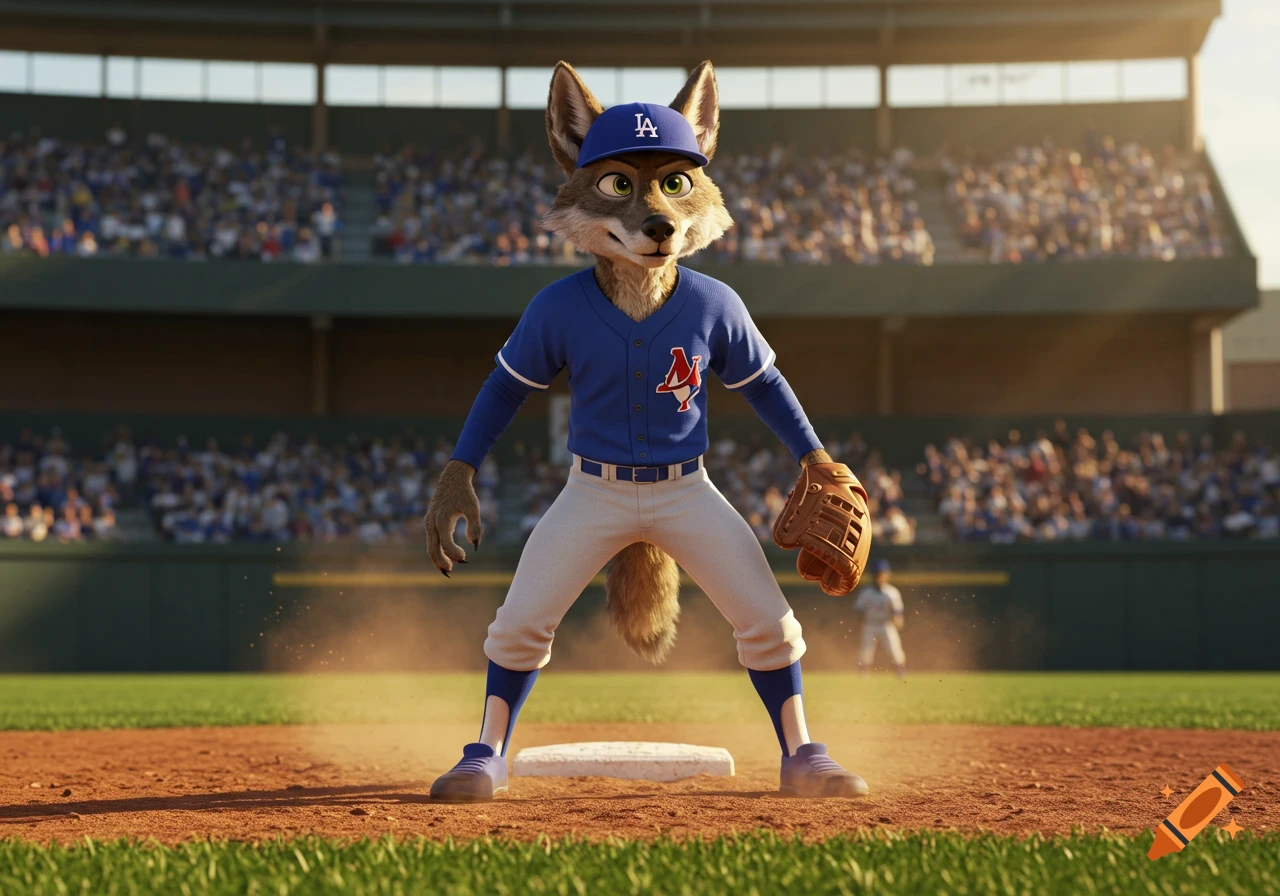 A photorealistic anthropomorphic coyote wearing a blue baseball uniform and cap on a baseball field.