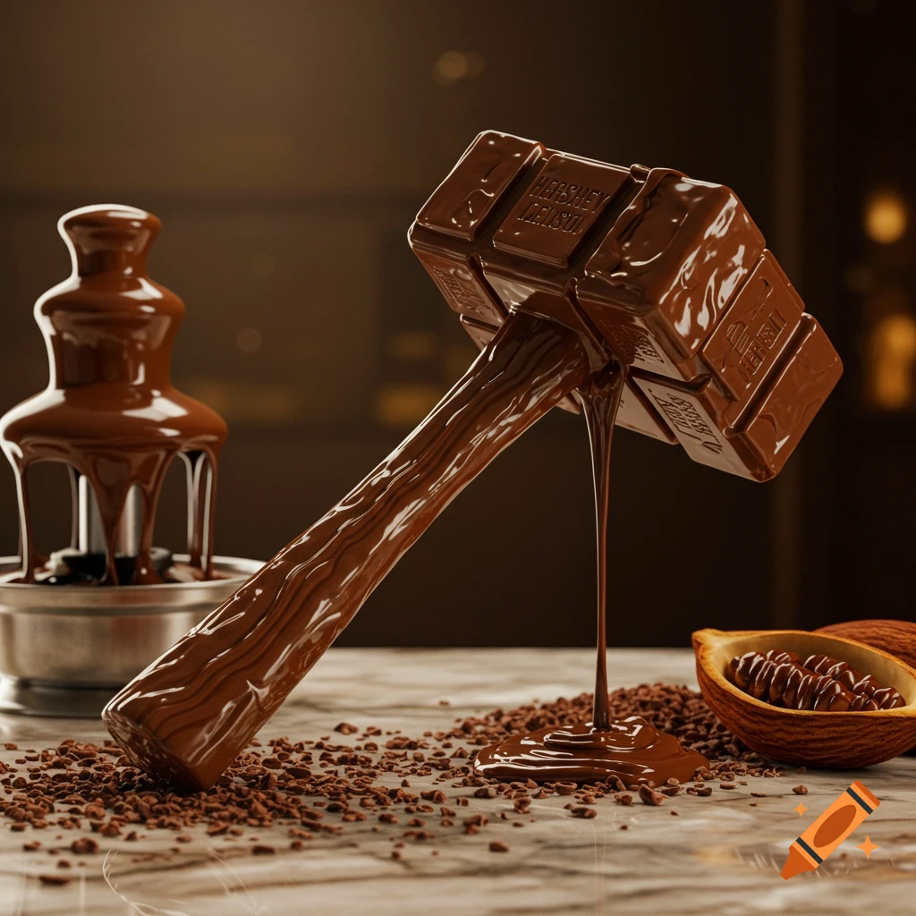 A photorealistic image of a hammer made of melted chocolate, leaning on a table with chocolate nibs, next to a chocolate fountain and a cacao pod.