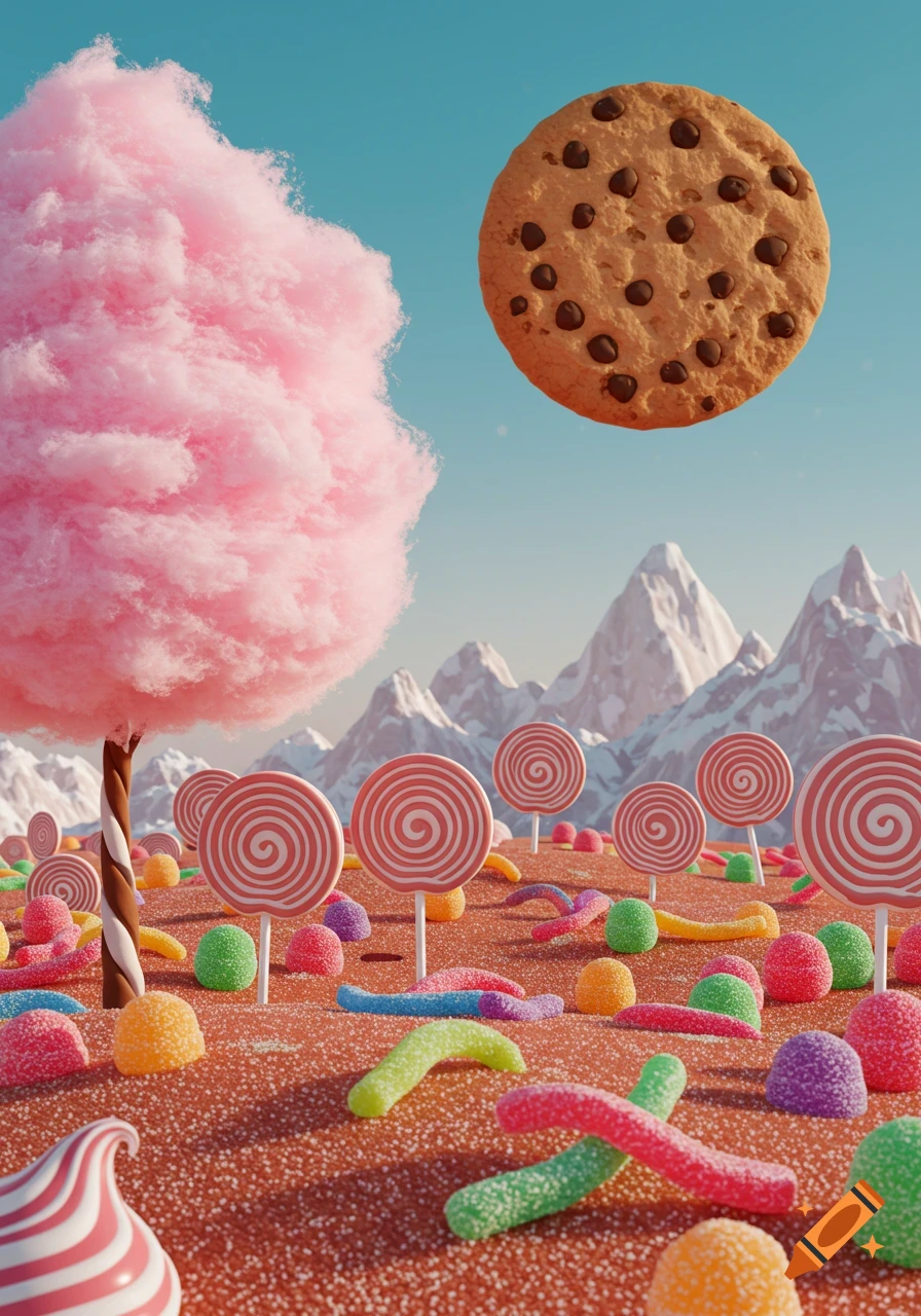 A vibrant fantasy landscape made of candy, featuring a pink cotton candy tree, lollipops, gummy worms, a giant cookie sun, and sugar mountains.