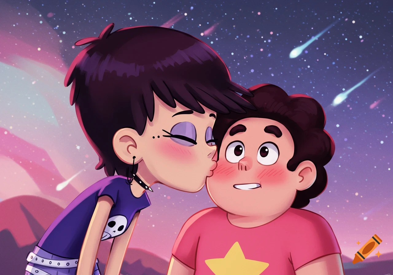 Luna Loud kisses a blushing Steven Universe on the cheek under a starry purple and pink night sky.