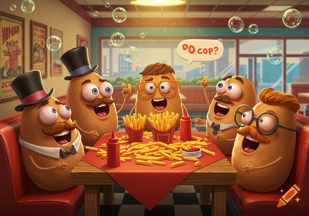 Five funny, cartoonish potato characters with mustaches and hats, laughing and eating french fries at a diner table.