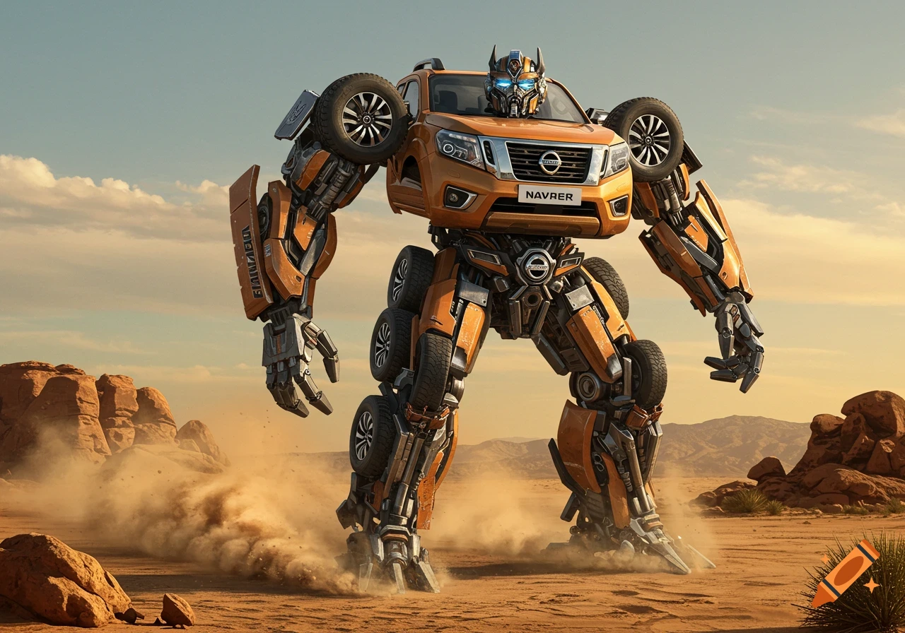 A large orange transformer robot, made from a Nissan pickup truck, stands in a dusty desert landscape with rock formations. Photorealistic.