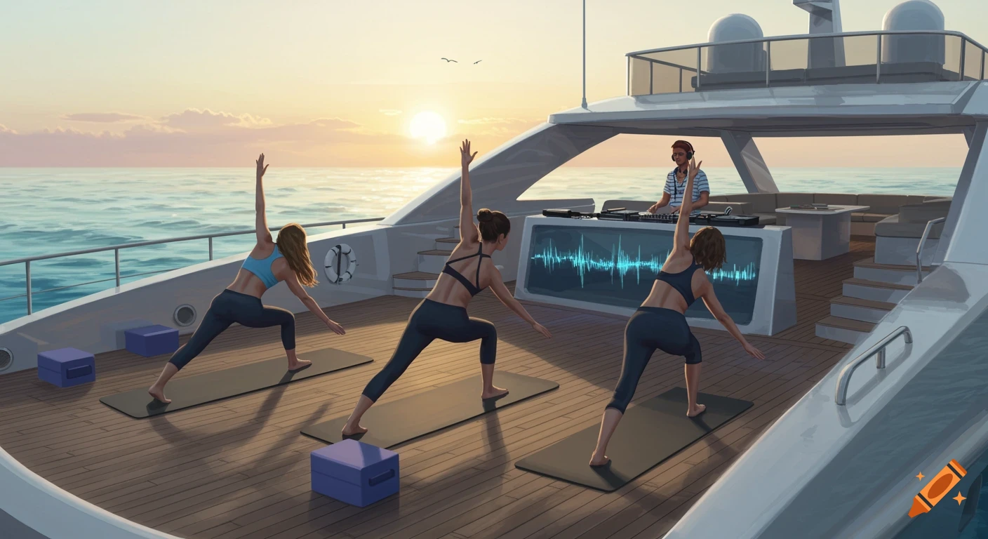 Three women do yoga on a yacht deck at sunset while a DJ plays music.