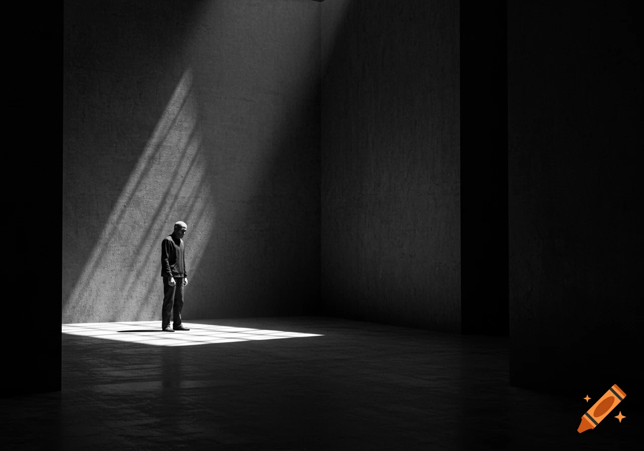 A man stands alone in a large, dark concrete room, lit by dramatic light rays from above, in a black and white photo.
